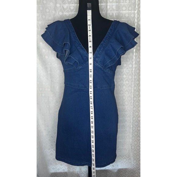 Flying Tomato Denim Mini Dress Ruffle Sleeves V Neck Dark Wash Size M, NWT - Picture 4 of 7